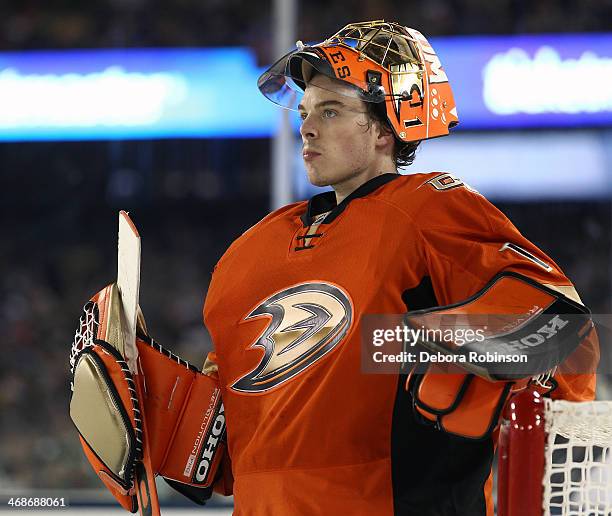 Jonas Hiller of the Anaheim Ducks looks on against the Los Angeles Kings during the 2014 Coors Light NHL Stadium Series on January 25, 2014 at Dodger...