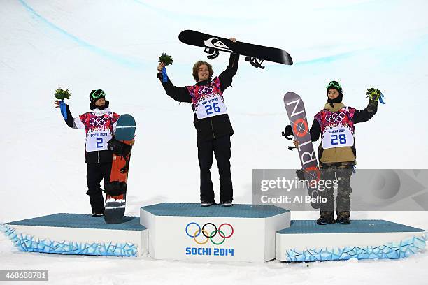 Silver medalist Ayumu Hirano of Japan, gold medalist Iouri Podladtchikov of Switzerland and bronze medalist Taku Hiraoka of Japan celebrate on the...