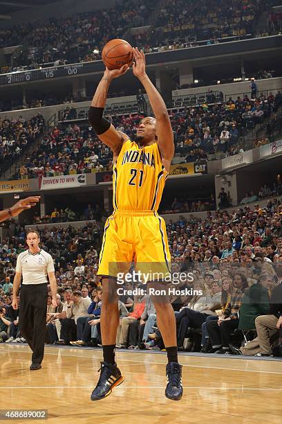 David West of the Indiana Pacers shoots against the Miami Heat at Bankers Life Fieldhouse on April 5, 2015 in Indianapolis, Indiana. NOTE TO USER:...