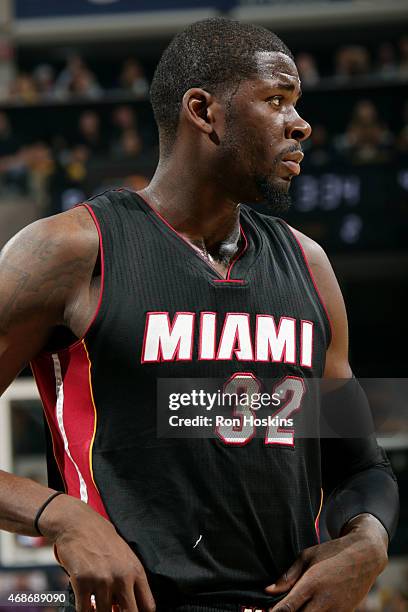 James Ennis of the Miami Heat stands on the court during a game against the Indiana Pacers at Bankers Life Fieldhouse on April 5, 2015 in...