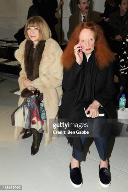 Anna Wintour and Grace Coddington attend the Rodarte fashion show during Mercedes-Benz Fashion Week Fall 2014 at Center 548 on February 11, 2014 in...