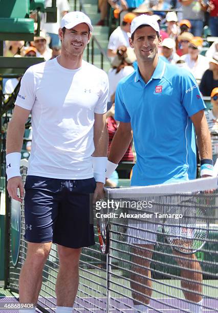 Andy Murray and Novak Djokovic pose before their match at the Miami Open tennis tournament on April 5, 2015 in Key Biscayne, Florida.