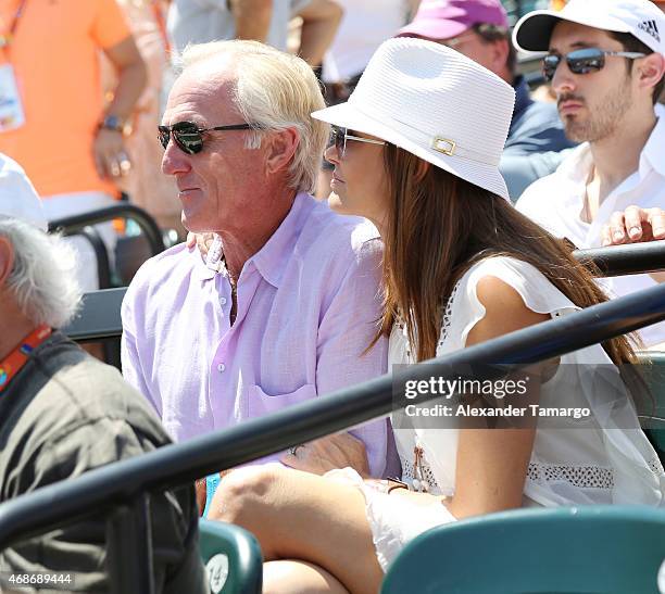 Greg Norman and Kirsten Kutner are seen at the Miami Open tennis tournament on April 5, 2015 in Key Biscayne, Florida.