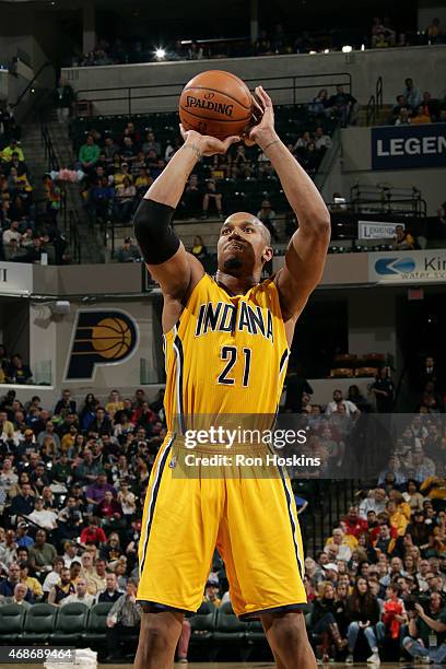 David West of the Indiana Pacers attempts a free throw against the Miami Heat at Bankers Life Fieldhouse on April 5, 2015 in Indianapolis, Indiana....