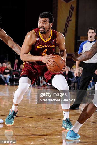 Chris Crawford of the Canton Charge controls the ball against the Iowa Energy at the Canton Memorial Civic Center on April 3, 2015 in Canton, Ohio....