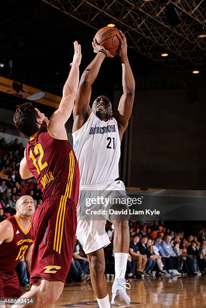 Damien Wilkins of the Iowa Energy goes up for the shot against Joe Harris of the Canton Charge at the Canton Memorial Civic Center on April 3, 2015...