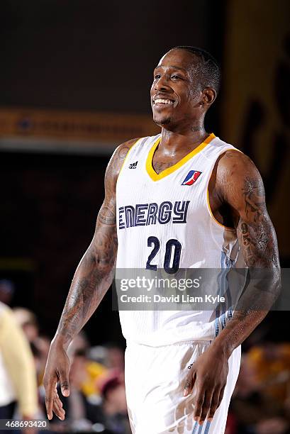 Marcus Hall of the Iowa Energy smiles during a break in the action against the Canton Charge at the Canton Memorial Civic Center on April 3, 2015 in...