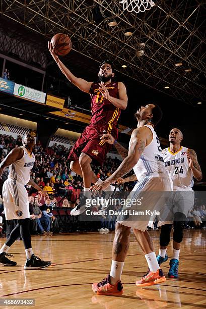 Jorge Gutierrez of the Canton Charge goes up for the shot against Pierre Henderson-Niles of the Iowa Energy at the Canton Memorial Civic Center on...