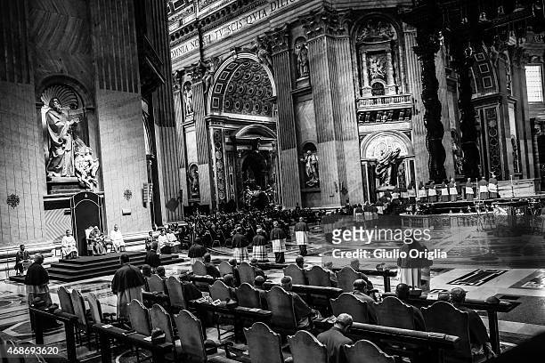 Pope Francis attends the Celebration of the Lord's Passion at St. Peter's Basilica on April 3, 2015 in Vatican City, Vatican. Later today the Holy...