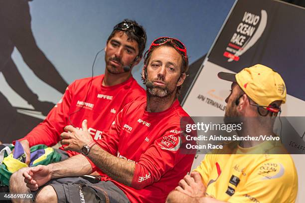 In this handout image provided by the Volvo Ocean Race, Iker Martinez, Andre Fonseca and Ian Walker during a Press Conference at the end of Leg 5...