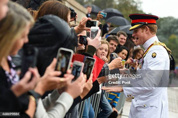Prince Harry greets members of the public outside the Australian War Memorial on April 6, 2015 in Canberra, Australia. Prince Harry, or Captain Wales...