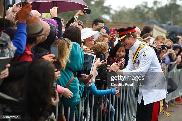 Prince Harry greets members of the public outside the Australian War Memorial on April 6, 2015 in Canberra, Australia. Prince Harry, or Captain Wales...