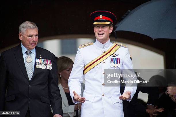 Prince Harry walks out of the Australian War Memorial to greet members of the public on April 6, 2015 in Canberra, Australia. Prince Harry, or...