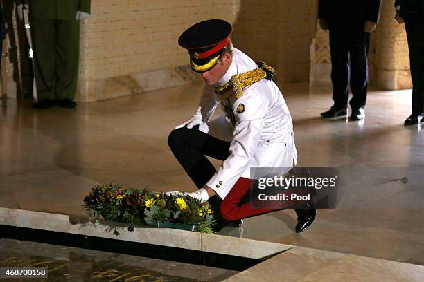 Prince Harry lays a wreath at the Tomb of the Unknown Soldier at the Australian War Memorial on April 6, 2015 in Canberra, Australia. Prince Harry,...