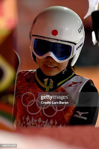 Sara Takanashi of Japan looks dejected after jumping during the Ladies' Normal Hill Individual final round on day 4 of the Sochi 2014 Winter Olympics...