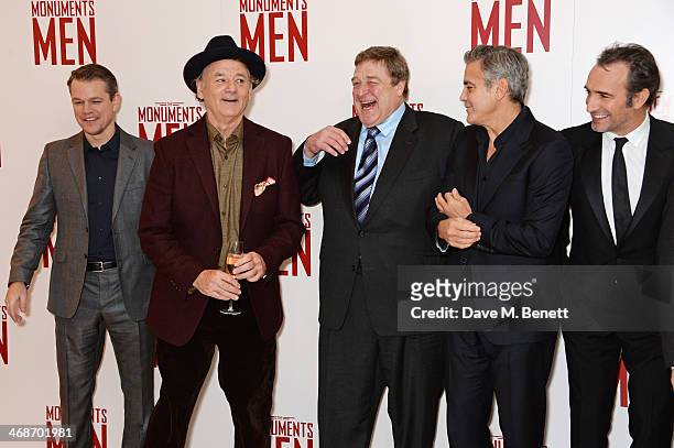 Matt Damon, Bill Murray, John Goodman, George Clooney and Jean Dujardin attend the UK Premiere of "The Monuments Men" at Odeon Leicester Square on...