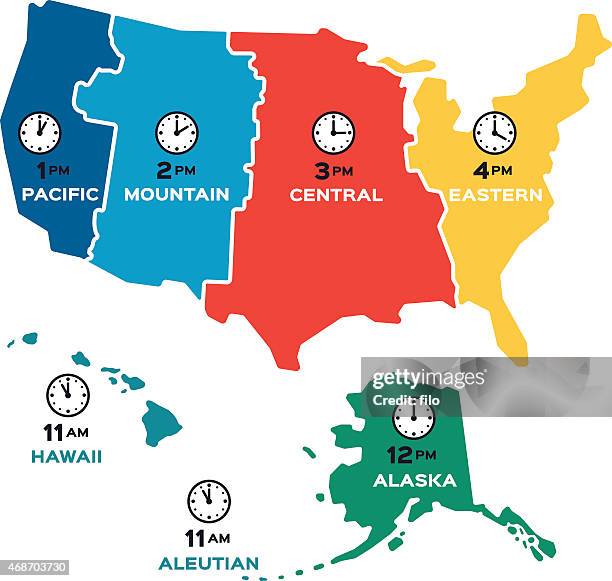 ilustraciones, imágenes clip art, dibujos animados e iconos de stock de estados unidos zonas horarias-diseño plano - us time zone map