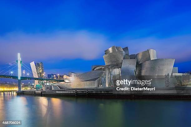 guggenheim museum bilbao at night - frank gehry stock pictures, royalty-free photos & images
