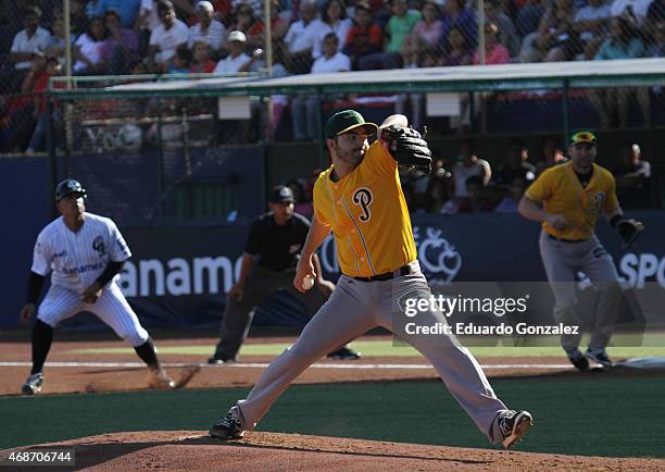 Hector Galvan of Guerreros delivers a pitch during during an opening season match between Pericos de Puebla and Guerreros de Oaxaca as part of...