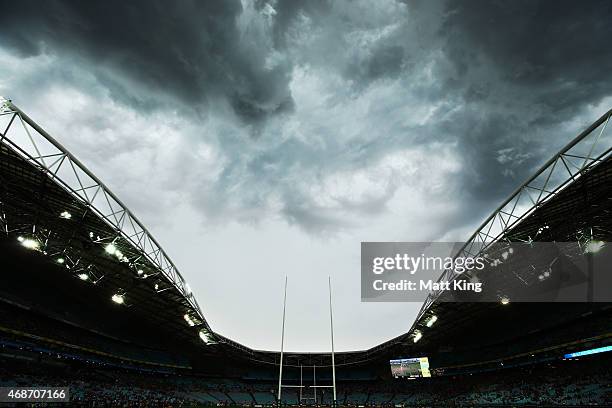 Storm clouds roll over ANZ Stadium before the round five NRL match between the Parramatta Eels and the Wests Tigers at ANZ Stadium on April 6, 2015...