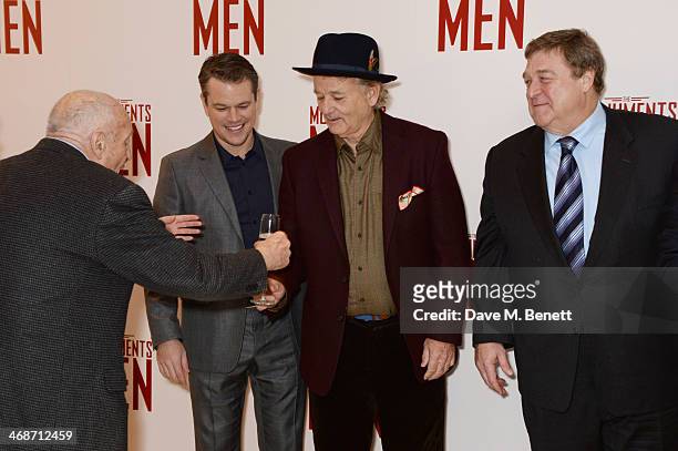 Surviving Monuments Man Harry Ettlinger, Matt Damon, Bill Murray and John Goodman attend the UK Premiere of "The Monuments Men" at Odeon Leicester...
