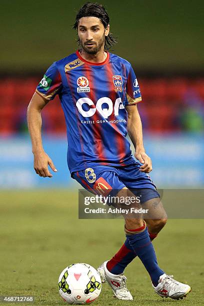 Zenon Caravella of the Jets in action during the round 24 A-League match between the Newcastle Jets and Perth Glory at Hunter Stadium on April 6,...