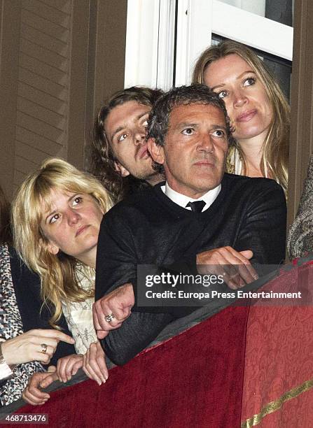 Antonio Banderas , Nicole Kimpel and Alexander Bauer attend procesion during Holy Week celebration on April 3, 2015 in Malaga, Spain.