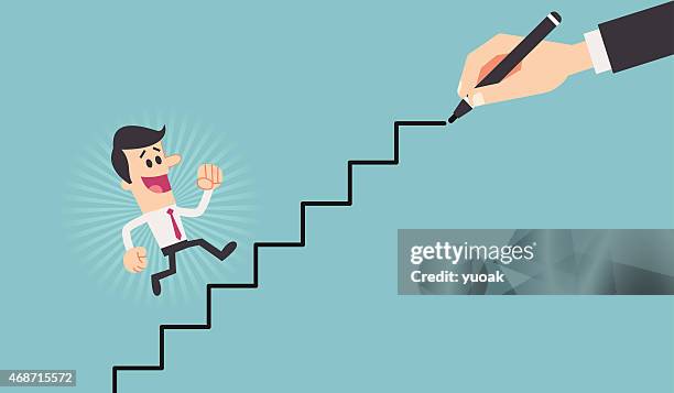cartoon of man going up stairs being drawn by hand - hand holding piece of cake stock illustrations