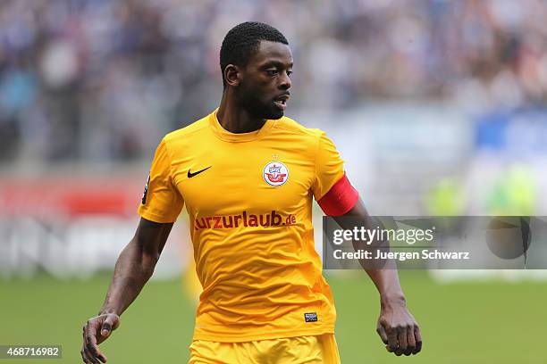 Teamcaptain Denis Weidlich of Rostock eyes the ball during the 3rd Bundesliga match between MSV Duisburg and Hansa Rostock at...