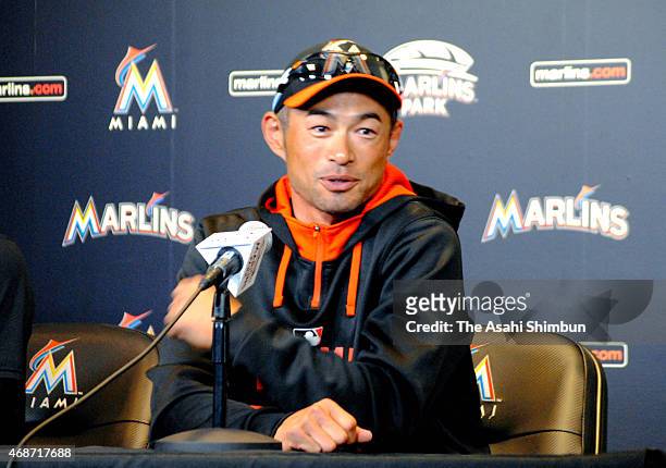 Ichiro Suzuki of the Miami Marlins speaks during a press conference at Marlins Park on April 5, 2015 in Miami, Florida.