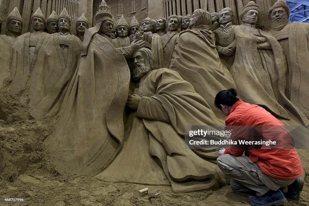 Artists Work On Sand Sculptures Ahead Of 'Germany and Once Upon a Time' Exhibition In Tottori