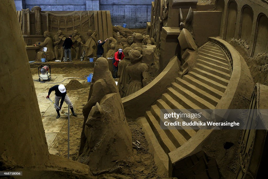 Artists Work On Sand Sculptures Ahead Of 'Germany and Once Upon a Time' Exhibition In Tottori