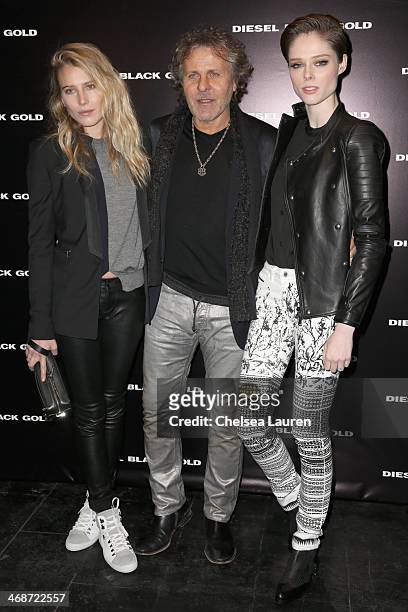Dree Hemingway, Renzo Rosso and Coco Rocha backstage at the Diesel Black Gold fashion show during Mercedes-Benz Fashion Week Fall 2014 at Skylight at...