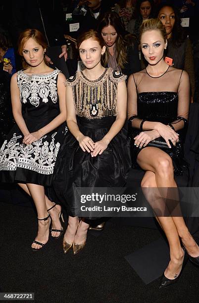 Debby Ryan, Holland Roden and Laura Vandervoort attend the Naeem Khan fashion show during Mercedes-Benz Fashion Week Fall 2014 at The Theatre at...