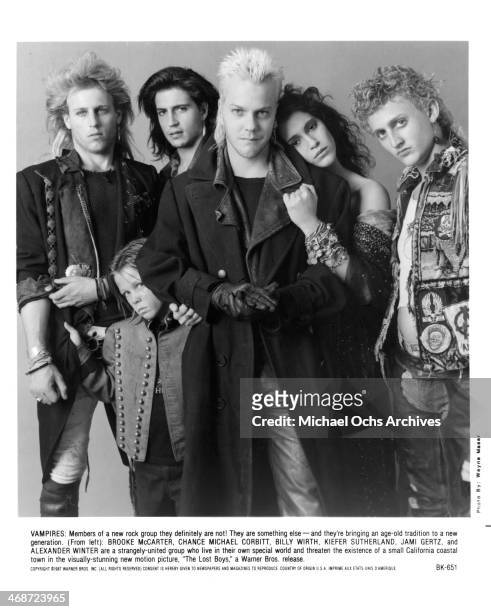 Actors Brooke McCarter, Chance Michael Corbitt, Billy Wirth, Kiefer Sutherland, Jami Gertz and Alex Winter pose for the Warner Bros movie "The Lost...