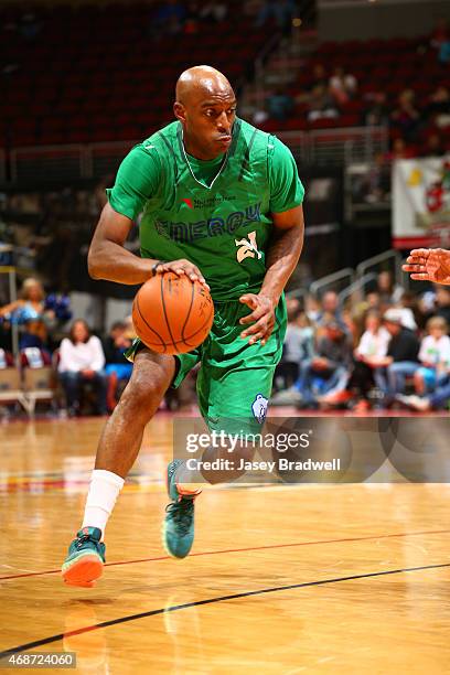 Damien Wilkins of the Iowa Energy makes a move against the Maine Red Claws in an NBA D-League game on April 4, 2015 at the Wells Fargo Arena in Des...