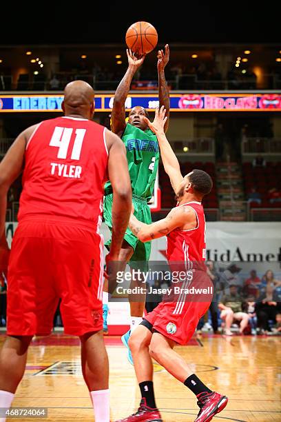 Marcus Hall of the Iowa Energy takes a jump-shot over the Maine Red Claws in an NBA D-League game on April 4, 2015 at the Wells Fargo Arena in Des...