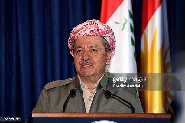 Kurdistan Regional Government President Masoud Barzani speaks during a joint press conference with Iraqi Prime Minister Haidar al-Abadi after their...