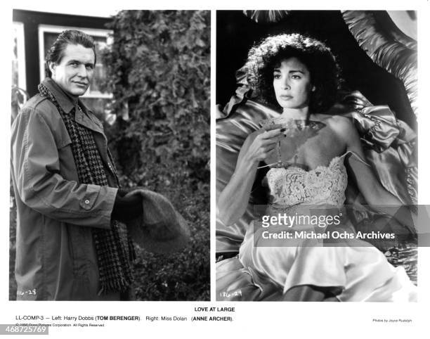 Actor Tom Berenger actress Anne Archer on set of the Orion Picture movie " Love at Large " , circa 1990.