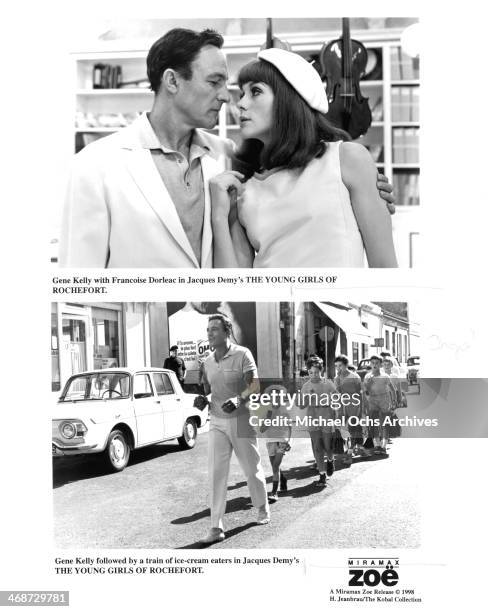 Actor Gene Kelly and Francoise Dorleac on set. Actor Gene Kelly on set of the movie "The Young Girls of Rochefort" circa 1967.