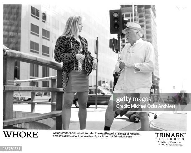 Actress Theresa Russell and writer/director Ken Russell on set of the movie "Whore", circa 1991.