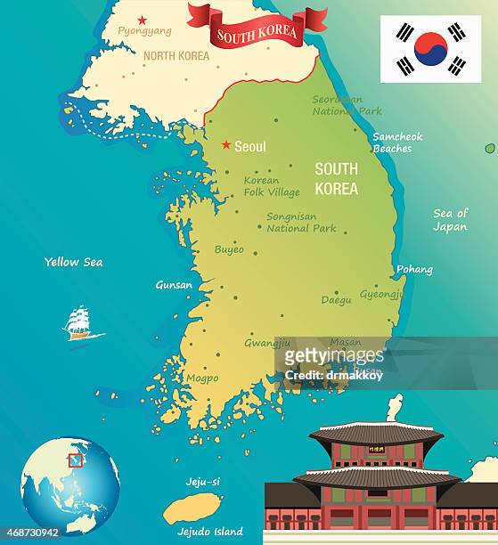 ilustraciones, imágenes clip art, dibujos animados e iconos de stock de dibujo mapa de corea del sur - yellow sea