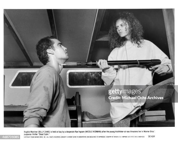 Actor Billy Zane and actress Nicole Kidman on the set of the Warner Bros movie "Dead Calm" circa 1989.