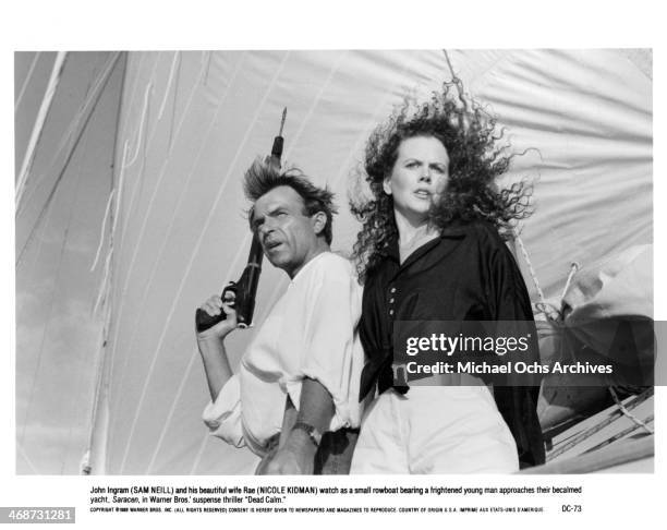 Actor Sam Neill and Actress Nicole Kidman on the set of the Warner Bros movie "Dead Calm" circa 1989.