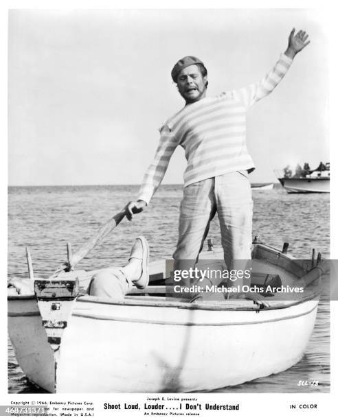 Actor Marcello Mastroianni on set of the movie "Shoot Loud, Louder... I Don't Understand " , circa 1966.