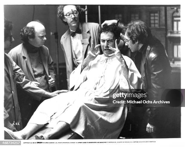 Actors Wallace Shawn, William Finley, Alan Arkin and Austin Pendleton on set the movie "Simon" circa 1980.