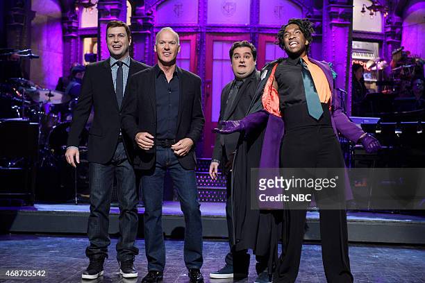 Michael Keaton" Episode 1679 -- Pictured: Taran Killam, Michael Keaton, Bobby Moynihan and Jay Pharoah during the monologue on April 4, 2015 --