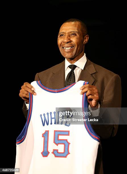 Jo Jo White stands during the Naismith Memorial Basketball Hall Of Fame 2014 Class Announcement at the JW Marriott on April 6, 2015 in Indianapolis,...