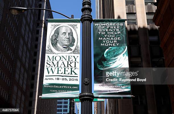 "Money Smart Week" banners hangs outside the Rookery Building on April 4, 2015 in Chicago, Illinois.
