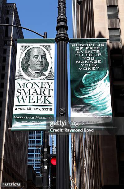 "Money Smart Week" banners hangs outside the Rookery Building on April 4, 2015 in Chicago, Illinois.